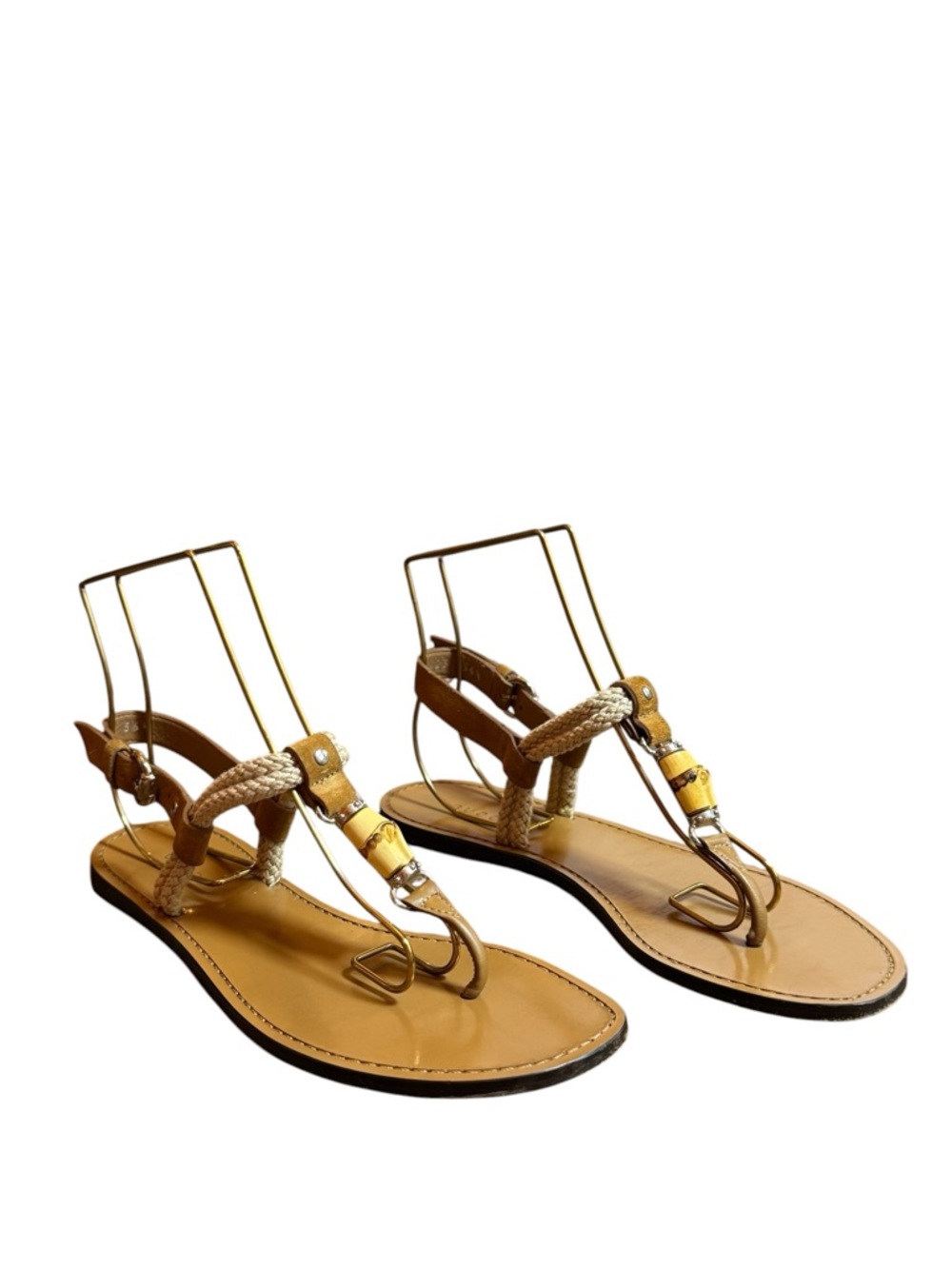 GUCCI Wooden Bead Leather T-Strap Flat Sandals Thong Tan Brown EU 36.5 US 6.5